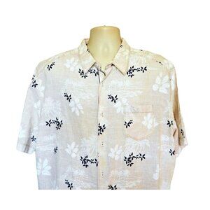 Cubavera Tropical Shirt XXL Cream Tan Blue Floral Short Sleeve Linen Cotton